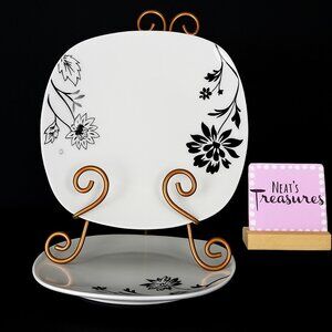 Tabletops Gallery REBECCA Black Floral White Porcelain Square Dinner Plate Set 2